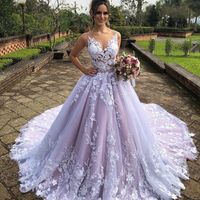 Wholesale Ball Gown Tulle Purple Wedding Dress with Skin Color Neck Colored Wedding Gowns with Lace Appliques Lavender Bridal Dresses voile mariage