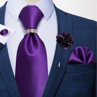 Wholesale Bow Ties Fashion Purple Solid cm Men s Tie Silk Jacquard Weave Necktie Pocket Square Cufflinks Brooch Wedding Men Gift Set DiBanGu1
