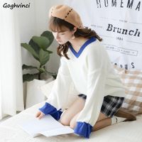 Wholesale Women s Sweaters V neck Knitted Women Pullovers Plus Size XL Flare Sleeve Sweet Preppy Loose Trendy Patchwork Drawstring Lovely Sweater1