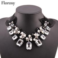 Wholesale Pendant Necklaces Black Rope Chain Square Crystal Necklace For Women Florosy Brand Chunky Imitation Pearl Statement Choker