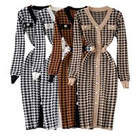 Wholesale Autumn Elegant Temperament V neck Hit Color Dress Office Lady Single breasted Houndstooth Knitted Stretch Dres Clothing