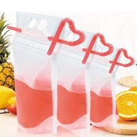 Wholesale Clear Drink Pouches Bags Drinkware Zipper Stand up Plastic Drinking Bag with Straw Holder Reclosable Heat Proof Juice Coffee Liquida08