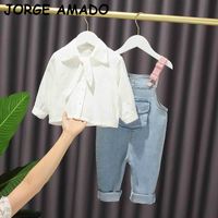 Wholesale Toddler Girl Fall Clothes Girls Outfits White Bowtie Shirt Denim Suspender Trousers Outfits Baby Girl Clothes E20301