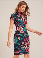Wholesale 2020 Form Fitted Floral Print Dress Women Spring Cap Sleeve Bodycon Elegant Pencil Midi Dresses