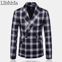 Wholesale Men s Suits Blazers Mens Casual Double Breasted Plaid Autumn Luxury Classic Male Dress Wedding Suit Plus Size XL Navy Blue Red Yellow F18