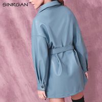 Wholesale NANKEY Blue PU Leather Short Dress With Belt Women Oversized Streetwear Jacket Clothing Single Buckle Autumn Winter Outfits H1210