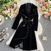 Wholesale Women s Trench Coats Windbreaker Autumn And Winter Korean Sim Fit Lace Up Waist Slimming Mid Length Velvet Double Breasted Coat Y1107
