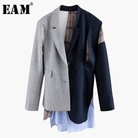 Wholesale EAM Women Asymmetrical Striped Plaid Big Size Blazer New Lapel Long Sleeve Loose Fit Jacket Fashion Spring Autumn N901