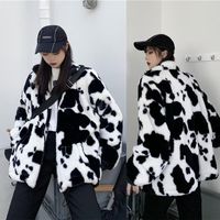Wholesale Women s Jackets Fluffy Tops Sweet Cow Print Coat Outwear Winter Sport Zip Up Hoodie Sweatshirt A