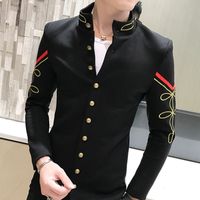 Wholesale 4 Color Gold Button Chinese Collar Blazers Jacket Slim Fit Mens Blazer Pattern Army Pilot Jacket Men Black Blue Red White Blazer