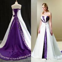 Wholesale 2020 White and purple Embroidery Wedding Dresses Country Rustic Bridal Gowns Unique Plus Size Wedding Gown Sweep Train