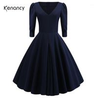 Wholesale Casual Dresses Kenancy Navy Color Women Midi Vintage Dress V Neck Sleeves High Waist Retro s Audrey Hepburn Rockabilly Vestidos1