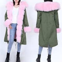 Wholesale Fashion natural real woman parks hooded long army green manteau fox fur leather winter warm coat women LJ201021