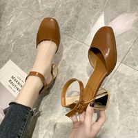 Wholesale closed toe dress shoes autumn square head thick heel women shallow mouth high heels pumps nude color hollow out