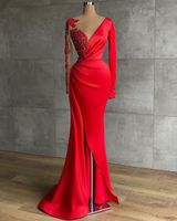 Wholesale Long Red Satin Evening Dresses Sheer Scalloped Neckline Long Sleeve Beaded African High Slit Women Formal Prom Party Gowns Designer