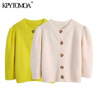 Wholesale KPYTOMOA Women Sweet Fashion Knit Cropped Cardigan Sweater Vintage Three Quarter Sleeve Button up Female Outerwear Chic Top G0118