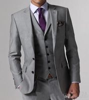 Wholesale New High Quality Light Grey Side Vent Groom Tuxedos Groomsmen Best Man Mens Wedding Suits Bridegroom Jacket Pants Vest Tie