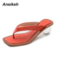 Wholesale Aneikeh NEW Women Summer Sandals Clear Mixed Colors Transparent Med Round Heel Open Toed Slipper For Party Shoes Pumps C0128