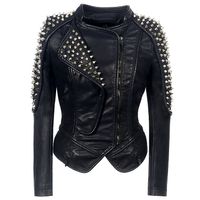 Wholesale Women Leather Jacket New Spikes Stars Slim Bi metal Silver Rivet Metallic Jacket PU Punk Biker Leather Coats