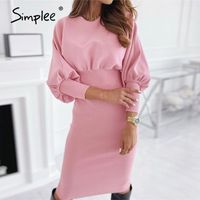 Wholesale Simplee High waist pink women s dress Slim fitting Lantern Sleeve round neck dress High street style winter fashion dress