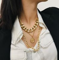 Wholesale gold plated statement necklace bohemian chunky statement necklaces long chain uk trend coin pendant three layer necklace