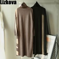 Wholesale Lizkova Winter Black Knitted Maxi Sweater Dress Women Turtleneck Split Plus Size Sweater Loose Casual Dress