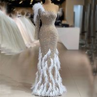 Wholesale Major Beading Feather Prom Dresses With Beads One Shoulder Mermaid Evening Dress Full Sleeves Long Sleeves Luxury Celebrity Pageant Gowns