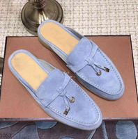 Wholesale Designer loro Lovers Men Slipper shoes Suede leather Metal Buckles Summer Walk Slip On half slippers Lazy moccasin