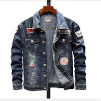 Wholesale New Hip hop Denim Jacket Men s Trendy Embroidery Badge Single Breasted Denim Jacket Patch Designs Unique Thick Jeans Coat