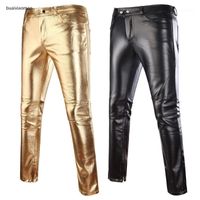 Wholesale Men s Jeans Casual Men Solid Color Faux Leather Button Skinny Pants Motorcycle Club Trousers1