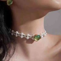Wholesale Green bubble Pearl Necklace Sier Needle Earrings light luxury minority neckchain temperament Baroque clavicle Chain Earrings