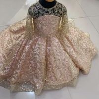 Wholesale Sparkly Gold Lace Little Girls Pageant Dresses Sequined Ball Gown Flower Girl Dress For Wedding Long Sleeves First Communion Gowns