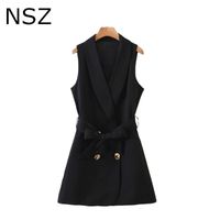 Wholesale NSZ women black sleeveless blazer jacket coat elegant vest double breasted belted waistcoat Fall Y201001