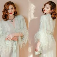 Wholesale Ostrich Feather Night Gown Ruched Chiffon Bride Sleepwear Robes Chic V Neck Long Sleeves Custom Made Dressing Pajamas With Sash