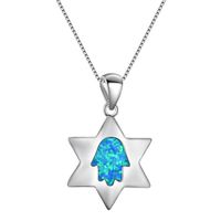 Wholesale 925 Sterling Silver Jewelry Blue Opal Star David Pendant in Hamsa Luky Necklace For Women Gift