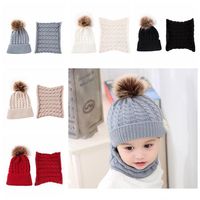 Wholesale Kid Knitted Hat Fur Ball Beanie Kids Winter Warm Scarf Set Solid Colors Cap Boys Girls Hat Children Cap Scarf Collar Xmas Party Hat HH9