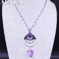 Wholesale Pendant Necklaces Witchcraft Purple Crystal Stainless Steel Necklace Chain Women Wicca Star Moon Silver Color Jewelry Cadena N651S021
