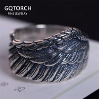 Wholesale Genuine Sterling Silver Biker Rings For Men And Women Vintage Thai Silver Feather Rings Resizable Punk Jewelry