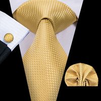 Wholesale Ties Men Tie Set Floral Yellow Gold Hi Tie and Silk Handkerchiefs Cufflinks Set Men s Wedding Party Suit Fashion Neck Tie C H1018