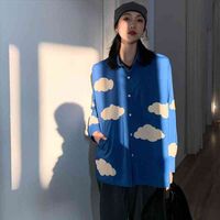 Wholesale Oversized Blue Sky White Clouds Embroidery Loose Shirt Womens Blouses Spring Long Sleeve Tops Blusas Mujer