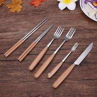 Wholesale Wood Handle Stainless Steel Knife Fork Spoon Flatware Set Creative Coffee Stirring Spoon Soup Home Hotel Cutlery Supplies RRF13395