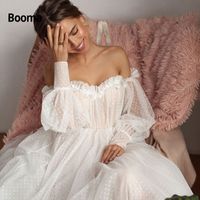 Wholesale Booma New Design Off shoulder Puffy Sleeve Dot Tulle Wedding Dresses for Bridal Sexy Open Back Long Sleeve D Flower Bride Gown T200525