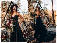Wholesale Black Bohemian Slip Wedding Dresses Simple Stain Backless Spaghetti Sweep Train Gothic Beach Country Bridal Gowns Cheap