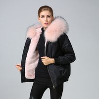 Wholesale Flying jackets pink raccoon fur trim Mukla furs brand pink rabbit fur lined nylon bomber black mini parka Women snow jackets