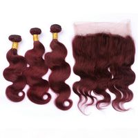 Wholesale 99J Wine Red Full Lace Band Frontal Closure x4x2 With Bundles Virgin Malaysian Body Wave Burgundy Human Hair Weaves