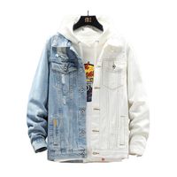 Wholesale Men s Jackets Fashion Design Men Single Breasted Panelled Denim Coats White Blue Contrast Color Frayed Jean