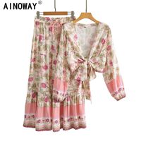Wholesale Women s Tracksuits Vintage Chic Women Two Piece Outfits Deep V neck Sashes Tops Bohemian Drawstring Maxi Skirts Pieces Rayon Cotton Boho S