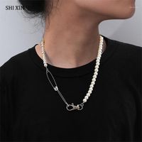 Wholesale SHIXIN Punk White Pearl Beads Choker Colar With Paperclip Pendant Necklace for Women Men Hip Hop Long Beaded Pearl Necklace