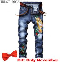 Wholesale Europeans Style Men Stretch Jeans Slim Embroidery Pants Tiger Flower Stonewashed Trousers Male Casual Streetwear Cool Clothing C1123