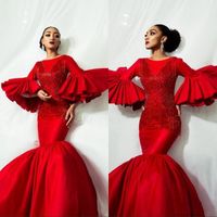 Wholesale Middle East Red Poet Long Sleeves Mermaid Evening Dress with Tassels Luxury Sparkly Beaded Prom Dresses Formal Party Pageant Gown